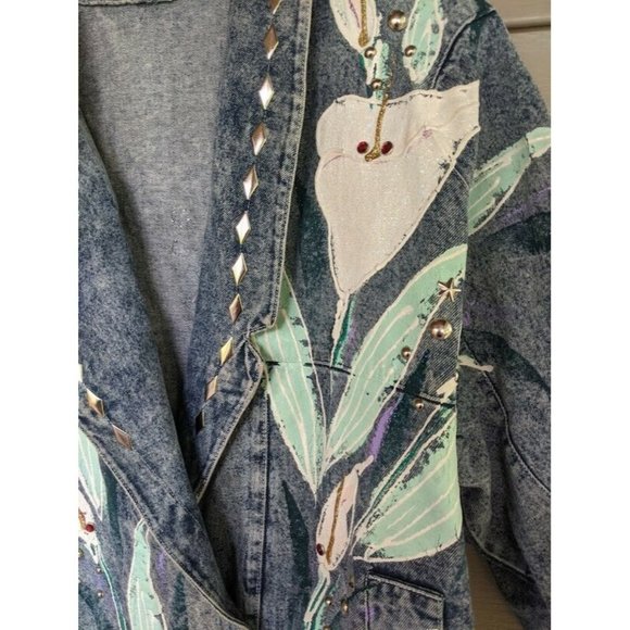 VTG Womens Size XL Rhinestone Beaded Heavy Denim Jacket Shoulder Pads QTR Sleeve - Picture 3 of 4